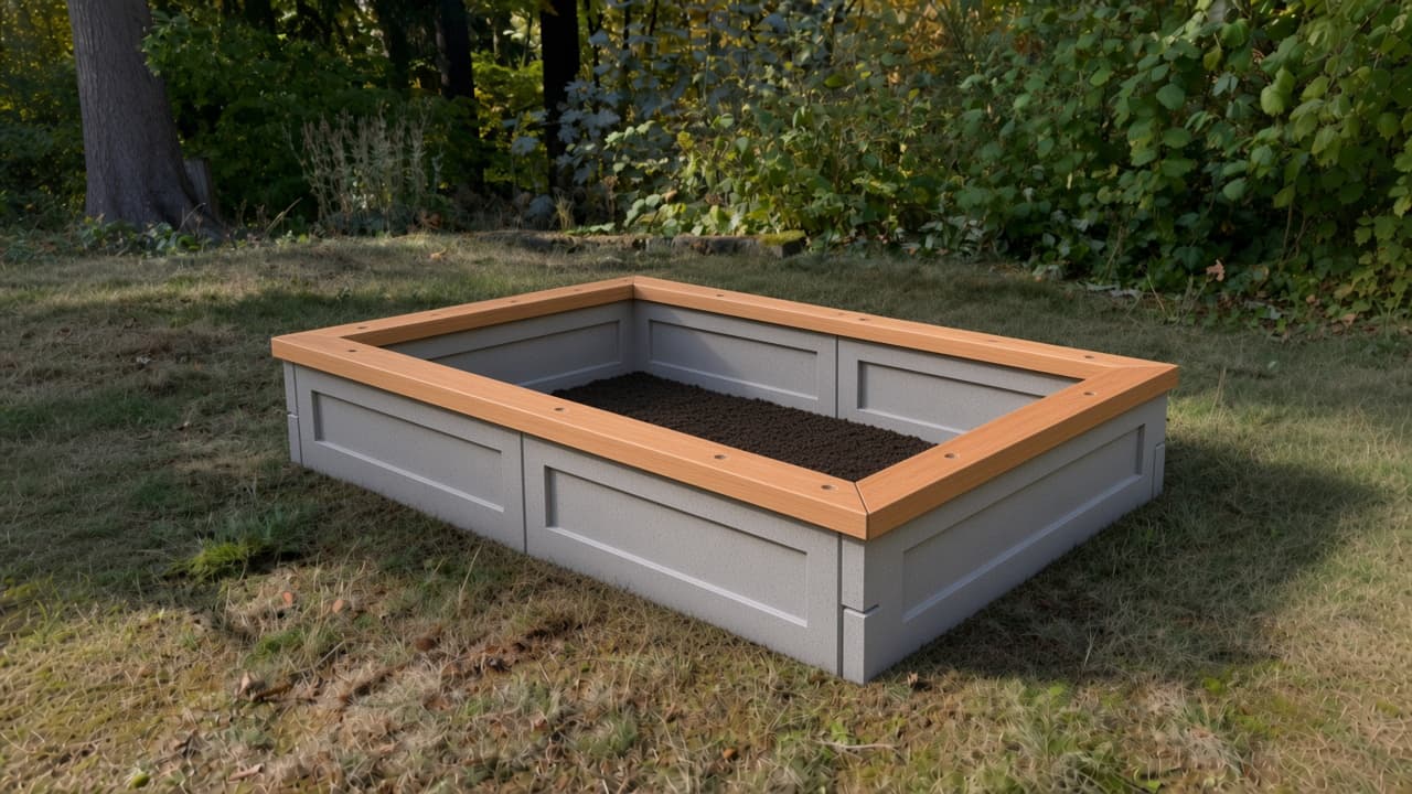 Two-panel-long interlocking cast concrete raised bed with recessed panels and a cedar cap