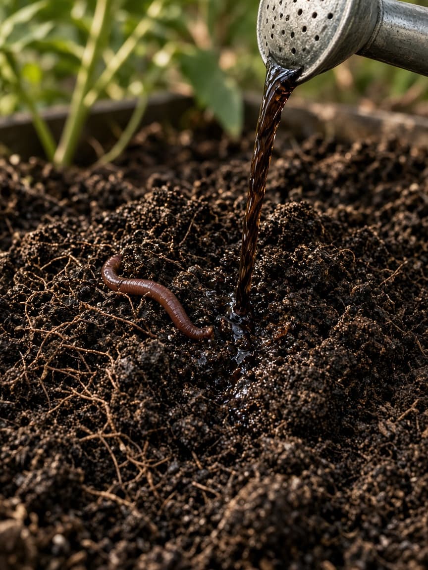 Dark living soil with a red wiggler and vermicast tea poured onto the surface