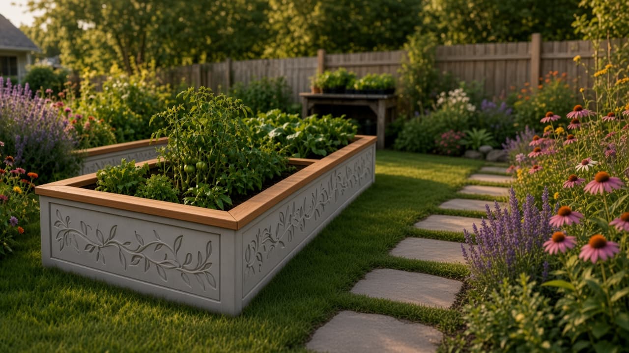 Cast concrete raised bed with a cedar cap in a backyard garden