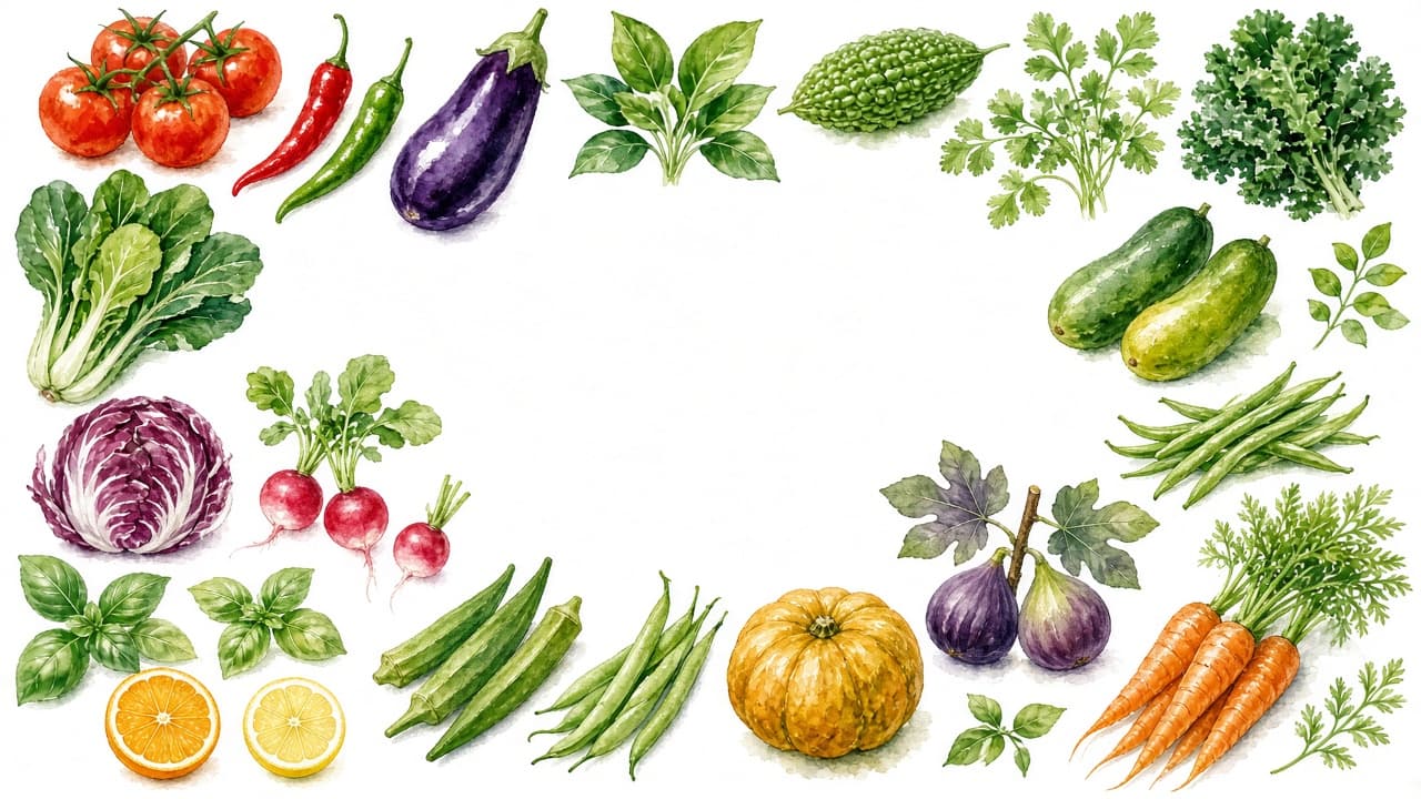 Watercolor collage of fruits and vegetables on a white background