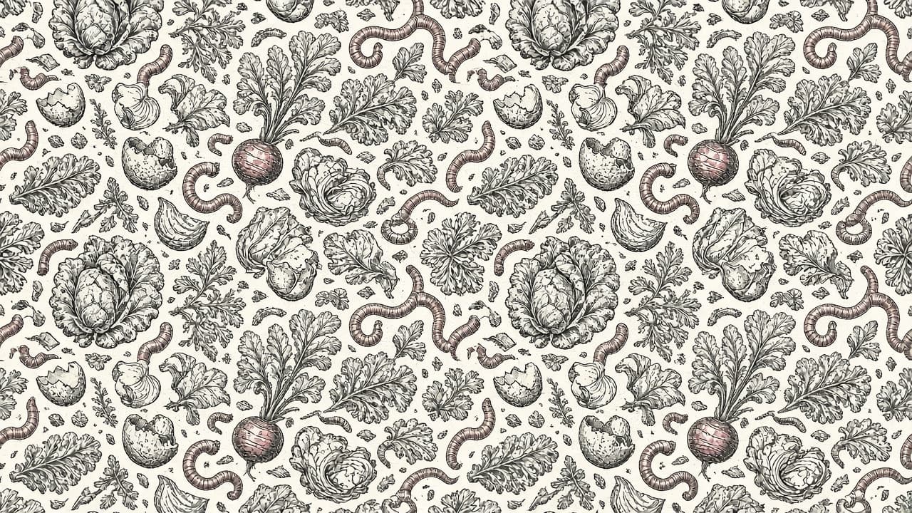 Black-and-white wallpaper pattern of compost worms, greens, and vegetable scraps